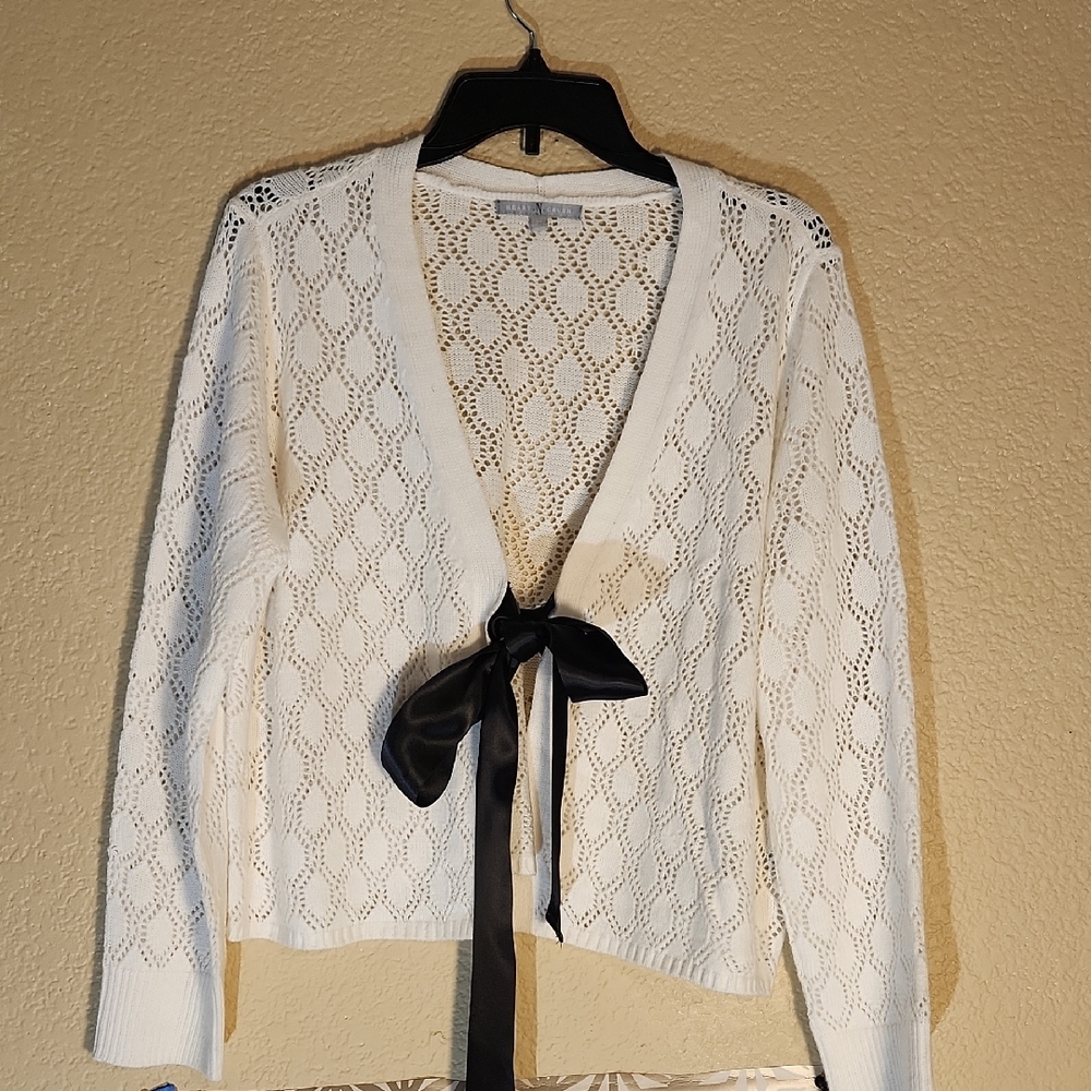 White and Black Lace Cardigan Sweater with Ribbon Closure